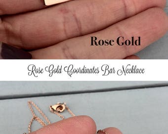 ROSE GOLD Bar Necklace, Coordinates Necklace, Long Distance Relationship, Hand Stamped Necklace, Rose Gold Necklace, Personalized Gift