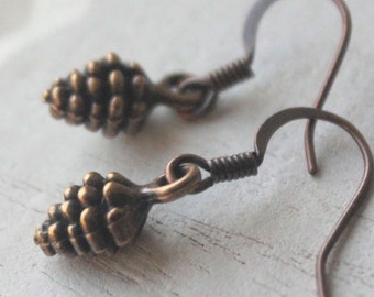 Copper pine cone earrings, Pinecone Earrings, choose Silver, gold, copper, antique silver, antique brass, hooks or clips E498
