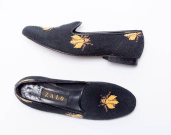 Zalo • Vintage Shoes • Smoking slippers featuring Bee Patterned Needlepoint Upper and Black Leather Trim • Made in Spain • Size 8