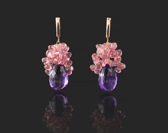 Amethyst Pink Topaz Earrings Cluster Earrings Gemstone Earrings Drop Earrings February November Birthstone Pink Purple Earrings