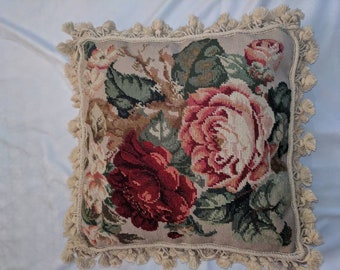 Vintage Wool Embroidered Needlepoint Pillow Cover