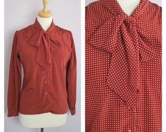 Vintage 1980's Rust Red Polka Dot Bow Tie Blouse M