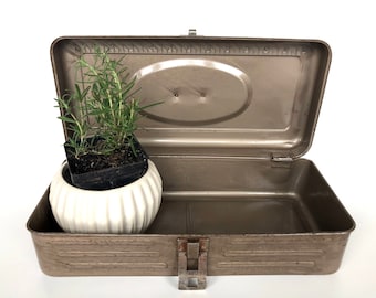 Vintage Metal Storage Box - Metal Box Hinged Lid - Craft Box with Ruler - Old Metal Tool Box Rustic Industrial - Metal Fishing Tackle Box