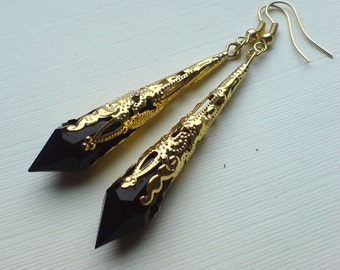 Gold Earrings , Black Earrings , Black Teardrop Earrings , Gold Faceted Teardrop Earrings , Filigree Earrings , Long Earrings