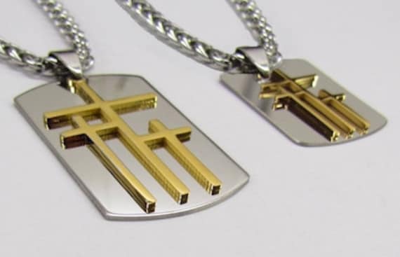 Silver Gold Calvary 3 Cross with Dog Tag Medallion Stainless Steel and 4mm Braided Chain - Saint Michaels Jewelry