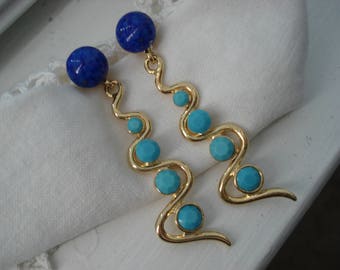 Vintage Lapis Lazuli and Sleeping Beauty Glass Rhinestones Earrings Gold 1960's Art Deco