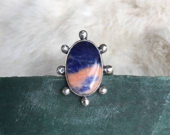 Peach and Indigo Sodalite and Sterling Silver Ring Size 7.5
