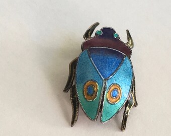 vintage enamel and sterling beetle pin