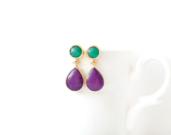 Green and Violet Jade Double Stone Stud Earrings