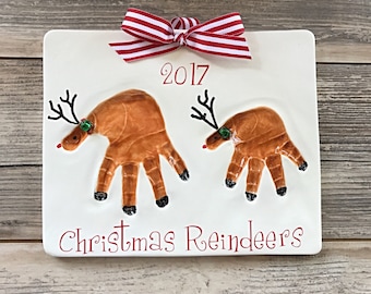 Reindeer Handprint Art - Personalized Sister Art - Personalized Sibling Art - Brother Art - Kids Handprint Keepsake Kit - Handprint Mold