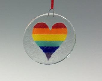 Rainbow Heart Ornament, Fused Glass, LGBTQ,pride