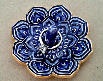 Ceramic Cobalt Blue Lotus Ring Holder Ring Dish gold edged