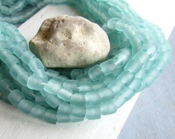 aquamarine Recycled glass bead, sea green blue barrel tube beads, translucent frosted matte, Indonesia, 16 pcs 6BK7