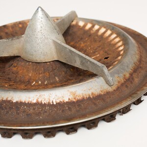 Vintage 14" Rusty, Crusty Metal Hubcap, Mid Century Modern Home Decor, Industrial Chic, Steampunk
