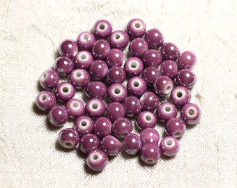 100pc - ceramic porcelain round 6mm purple pink iridescent beads