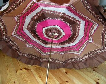 Vintage Umbrella, Retro Rain or Sun Umbrella with floral lining, Vintage Umbrella Germany 1960s 1970s, Mid Century Umbrella Brown Pink White