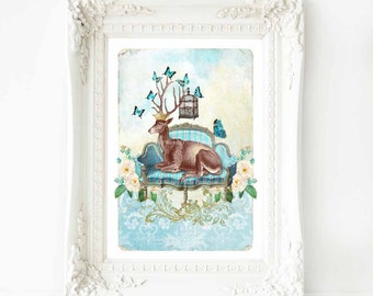 Deer print, deer on a sofa, anthropomorphic stag, French art print, A4 giclee
