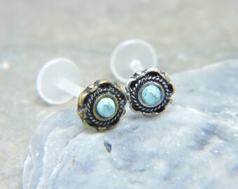 Labret Stud - Monroe Piercing Jewelry - Turquoise FLOWER Bar - 16G or 14G Flexible Barbell 5/16" or 3/8" - Lip Stud or Cartilage Barbell