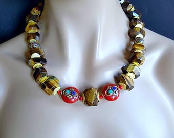 Spring Sale 15% Nepalese Chunky Tigers Eye Nugget Statement Necklace on Gold Gift for Her