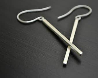 Long Silver Bar Earrings, Minimalist Dangle Drop Earrings, Contemporary Stick 925 Sterling Silver Earrings, Simple Geometric Jewelry