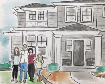 Custom Family + Home Watercolor Portrait 8x10