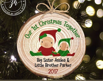 Baby's first Christmas with siblings personalized wood slice ornament - 1st christmas keepsake family ornament MWO-021