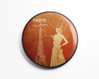 Button Magnet Paris Vintage - Paris Souvenir Eiffel Tower City of Lights Old Postcard Fridge Round Magnet 56mm diameter Kitchen Decoration