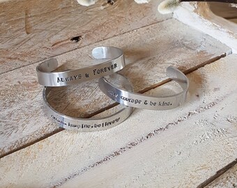 Hand stamped aluminium cuff bracelet • Quote • Personalise •