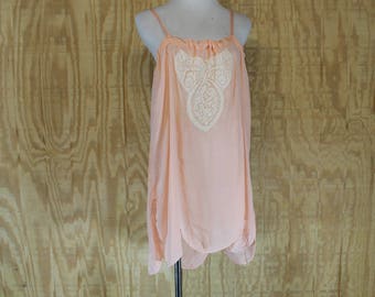 Vintage 1920's Lingerie Peachy Pink Silk Charmeuse Scalloped Hem Lace Flapper Chemise Step In Medium Large