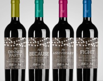Rustic Wooden, String Light Wedding Milestones Wine Labels // Year of Firsts // Newlywed Gift // Wedding Wine Gift // Wedding Shower