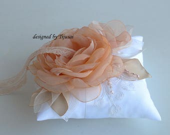 Wedding ring bearer pillow with peach flower composition ---wedding rings pillow , ring bearer pillow