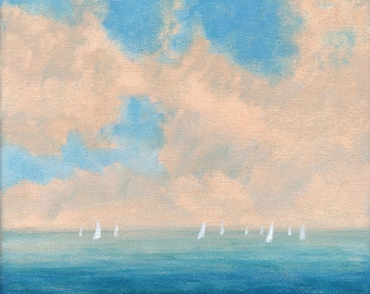 Sailing - Original Landscape Painting 8x8 Sea Sky Sea Coast Beach Ocean Boat Surf