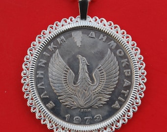 1973 Greece 20 DRACHMAI BU Uncirculated Coin 925 Sterling Silver Necklace NEW - Phoenix