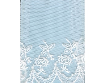 4 Inch Embroidered Rose Flat Net White by the Yard TRI12004
