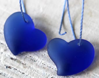 Sea Glass Pendant - Sea Glass Bead - Beach Glass Beads - Jewelry Making Supply - 18mm Sea Glass Glass Heart - Cobalt Blue - Choose Amount
