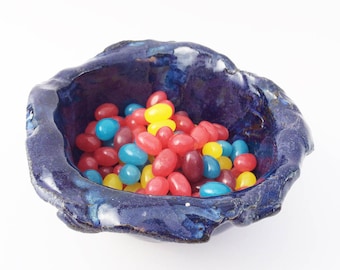 Ceramic Wonderful Crinkly Bowl, Purple Blue Black, Rustic, Primitive, Wabi Sabi. Asymmetrical, Aubergine, Jelly Bean Bowl