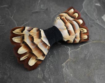 Pheasant and Partridge Feather Bow Tie in Soft Blue and Browns | Wedding | Grooms Outfit | Groomsmen Outfit | Mens Gift