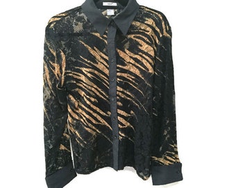 Tiger Stripe Blouse, Vintage 90s Blouse, Sheer Blouse, 1990s Animal Print Blouse, Orange Black Sheer Blouse XL Blouse L Edwards 1990s Blouse