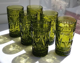 Vintage Colony Park Lane Glasses - Set of 6 Avocado Green Glasses by Indiana Glass - 10 oz - 1950's-70's