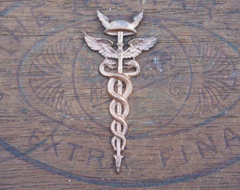 Vintage French Brass Stamping/Antique Style Mercury Hermes/Wings/Entwined Hissing Snakes/French Findings