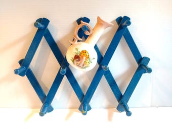 Vintage Blue Wooden Accordion Peg Rack