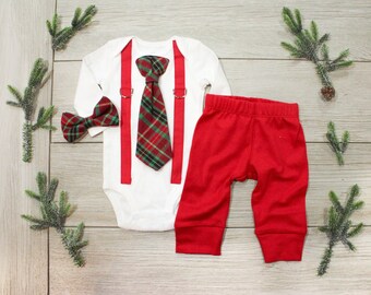 Baby Boy 1st Christmas Outfit. Baby Boy Tie and Suspenders. Infant Bowtie. Newborn christmas outfit. Coordinating sibling christmas outfits.