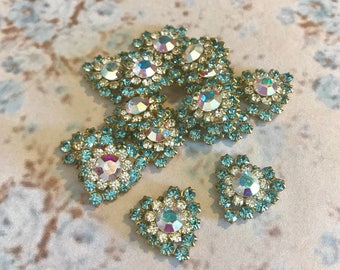 2 vintage swarovski aqua clear and ab crystal heart in brass setting #hr62-32