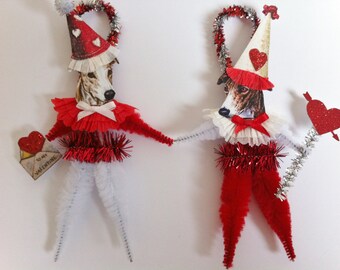 VALENTINE Greyhound doggie vintage style CHENILLE ORNAMENTS set of 2 feather tree