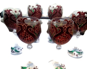 Glass wine glasses, wineglasses painted wine glass, set of wine glasses,set of 6 hand painted wine glasses