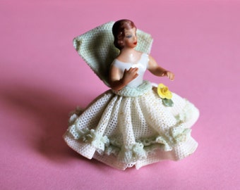 Rare Vintage Dresden Lace Porcelain Miniature Porcelain Figurine, Lady in Crinoline Ball Gown/Hand painted