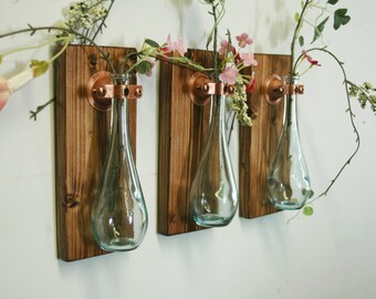 Teardrop Bottles Trio (3) Wall Decor each mounted on wood base for unique rustic bedroom decor kitchen decor