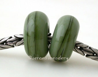 OLIVE GREEN Pair European Charm Handmade Lampwork Glass Beads - taneres - glossy or matte, big hole bead, glass charm bead