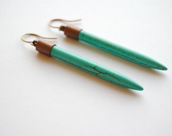 Turquoise Dagger Earrings. Long Stick Dangle Earrings. Long Bars. Stone Spikes. Bohemian Jewelry. Howlite Points. FREE Shipping in US