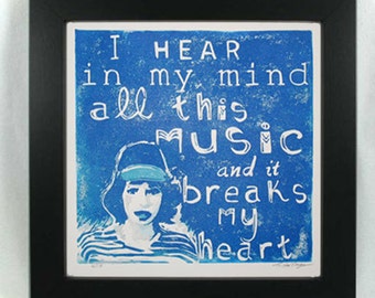 Regina Spektor lyrics reduction linocut print I Hear in My Mind All this Music